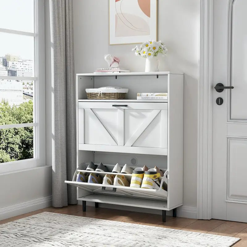 Meuble à chaussures avec porte coulissante type "grange", organisateur de chaussures avec 2 tiroirs basculants, meuble à chaussures autoportant avec rangement ouvert
