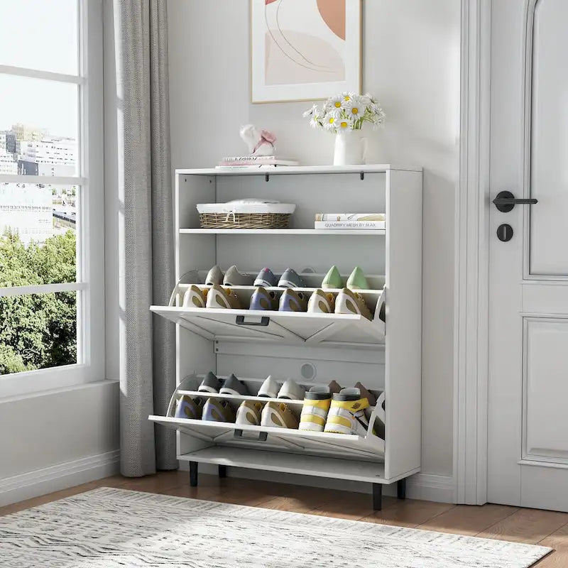 Meuble à chaussures avec porte coulissante type "grange", organisateur de chaussures avec 2 tiroirs basculants, meuble à chaussures autoportant avec rangement ouvert