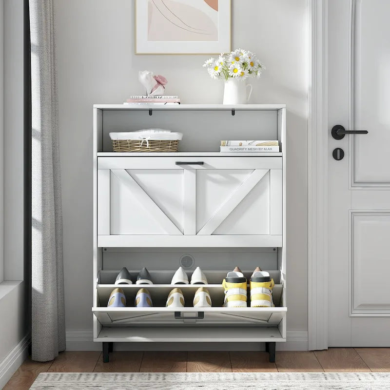Meuble à chaussures avec porte coulissante type "grange", organisateur de chaussures avec 2 tiroirs basculants, meuble à chaussures autoportant avec rangement ouvert