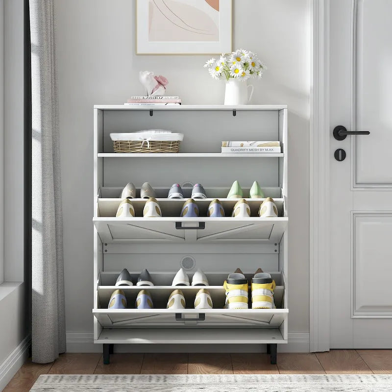 Meuble à chaussures avec porte coulissante type "grange", organisateur de chaussures avec 2 tiroirs basculants, meuble à chaussures autoportant avec rangement ouvert