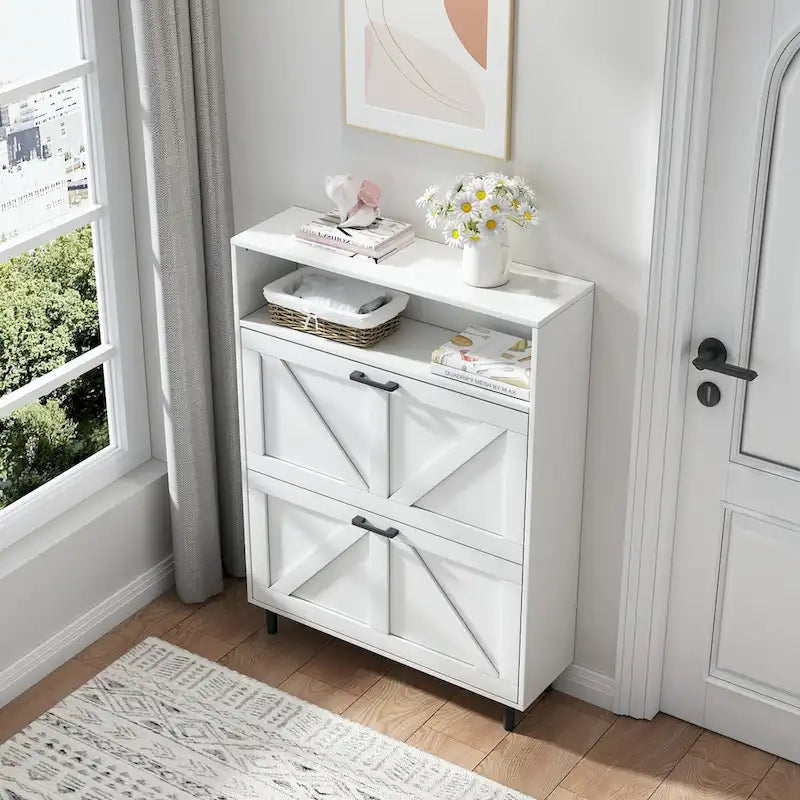 Meuble à chaussures avec porte coulissante type "grange", organisateur de chaussures avec 2 tiroirs basculants, meuble à chaussures autoportant avec rangement ouvert