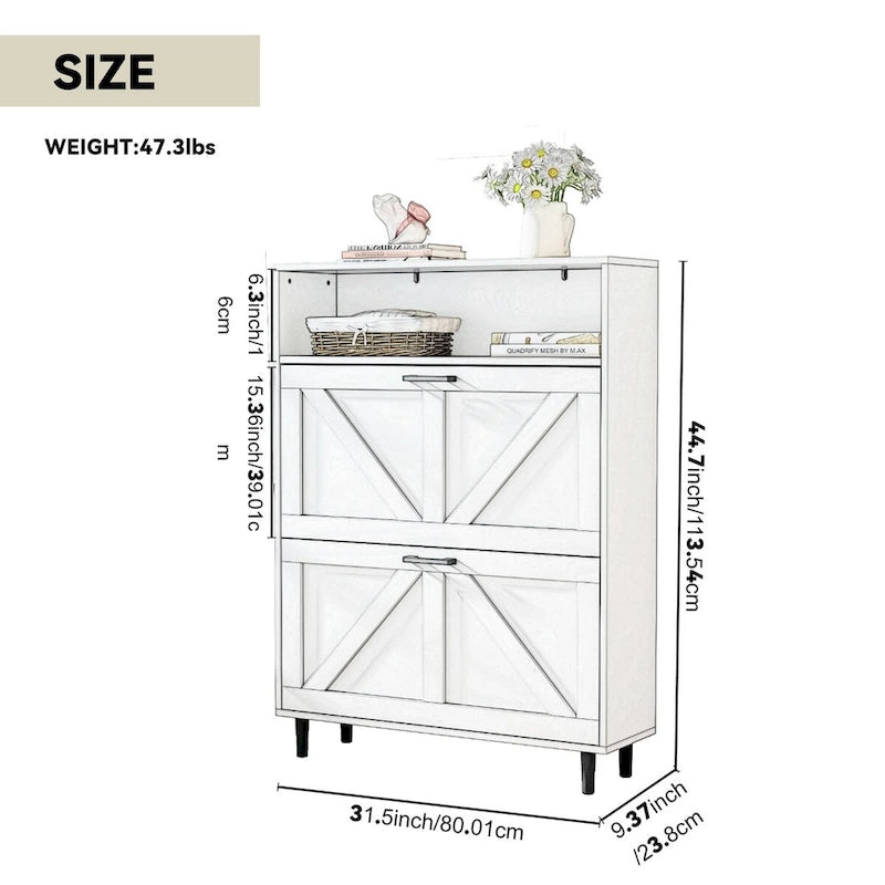 Meuble à chaussures avec porte coulissante type "grange", organisateur de chaussures avec 2 tiroirs basculants, meuble à chaussures autoportant avec rangement ouvert