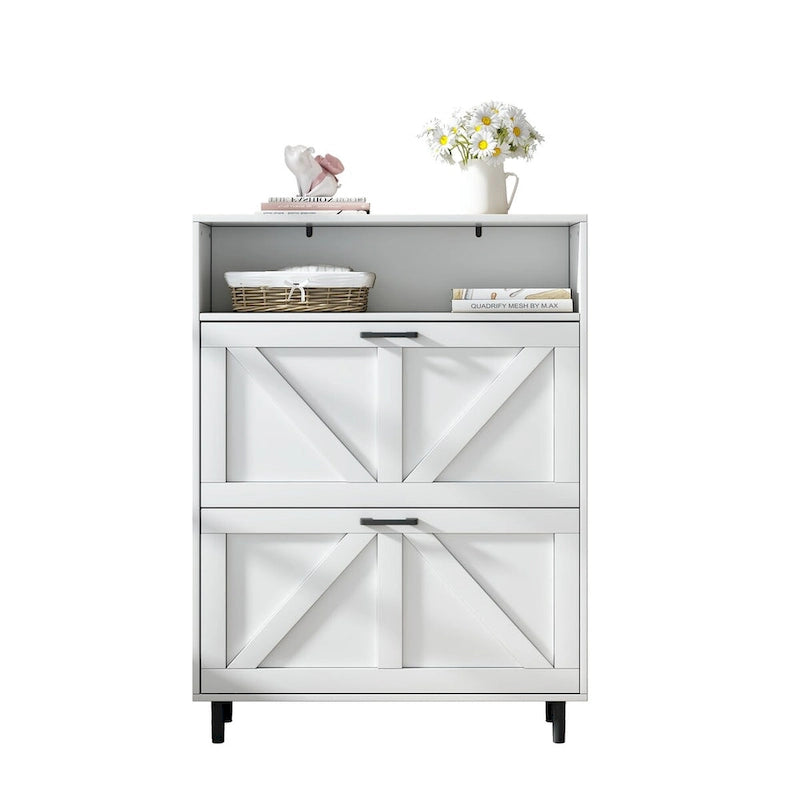 Meuble à chaussures avec porte coulissante type "grange", organisateur de chaussures avec 2 tiroirs basculants, meuble à chaussures autoportant avec rangement ouvert