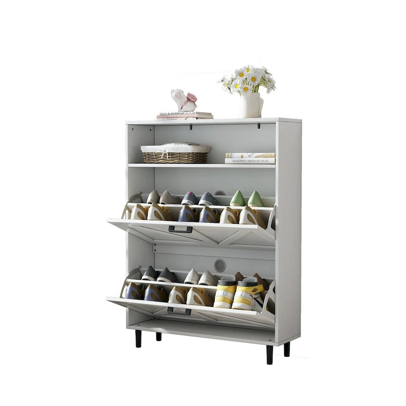 Meuble à chaussures avec porte coulissante type "grange", organisateur de chaussures avec 2 tiroirs basculants, meuble à chaussures autoportant avec rangement ouvert