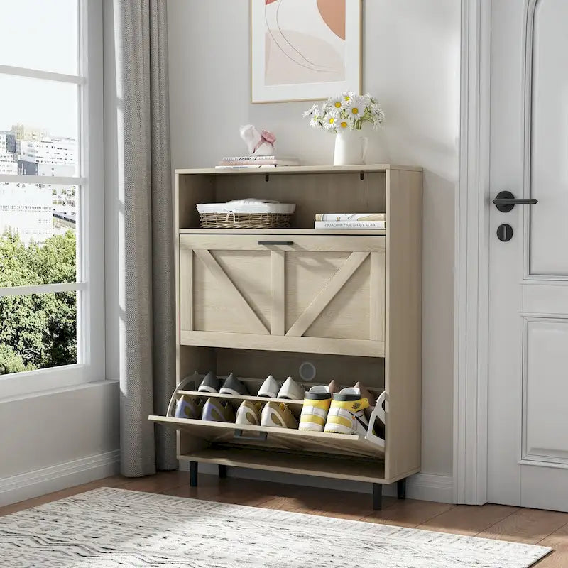 Meuble à chaussures avec porte coulissante type "grange", organisateur de chaussures avec 2 tiroirs basculants, meuble à chaussures autoportant avec rangement ouvert