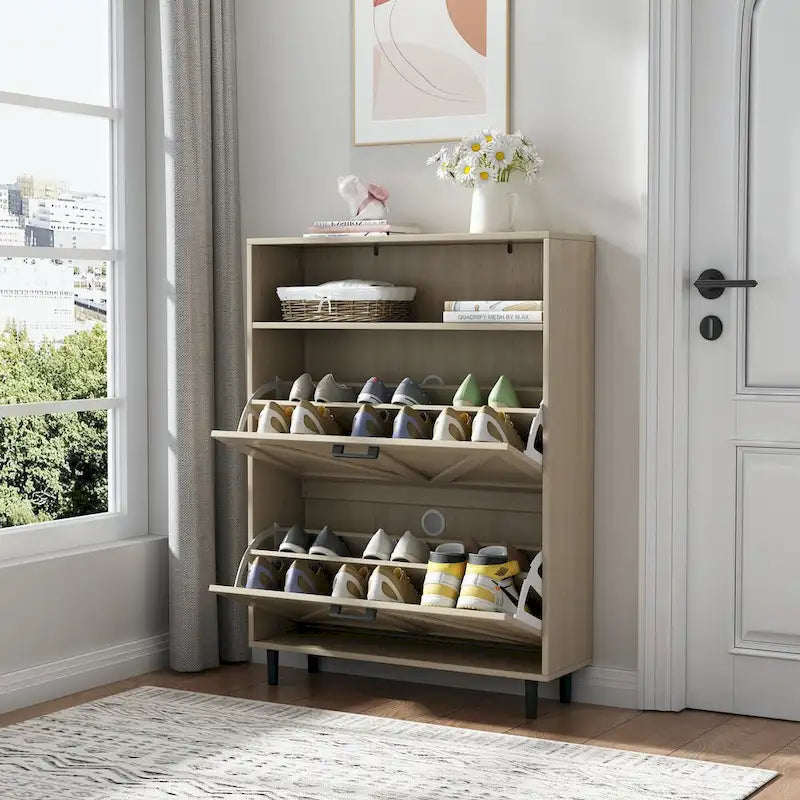 Meuble à chaussures avec porte coulissante type "grange", organisateur de chaussures avec 2 tiroirs basculants, meuble à chaussures autoportant avec rangement ouvert