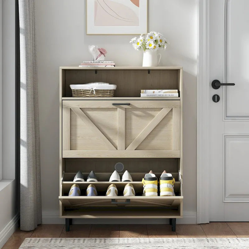 Meuble à chaussures avec porte coulissante type "grange", organisateur de chaussures avec 2 tiroirs basculants, meuble à chaussures autoportant avec rangement ouvert
