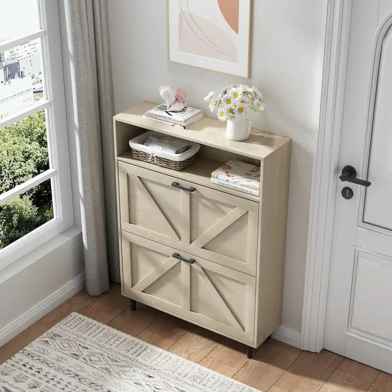 Meuble à chaussures avec porte coulissante type "grange", organisateur de chaussures avec 2 tiroirs basculants, meuble à chaussures autoportant avec rangement ouvert