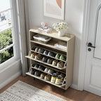 Meuble à chaussures avec porte coulissante type "grange", organisateur de chaussures avec 2 tiroirs basculants, meuble à chaussures autoportant avec rangement ouvert