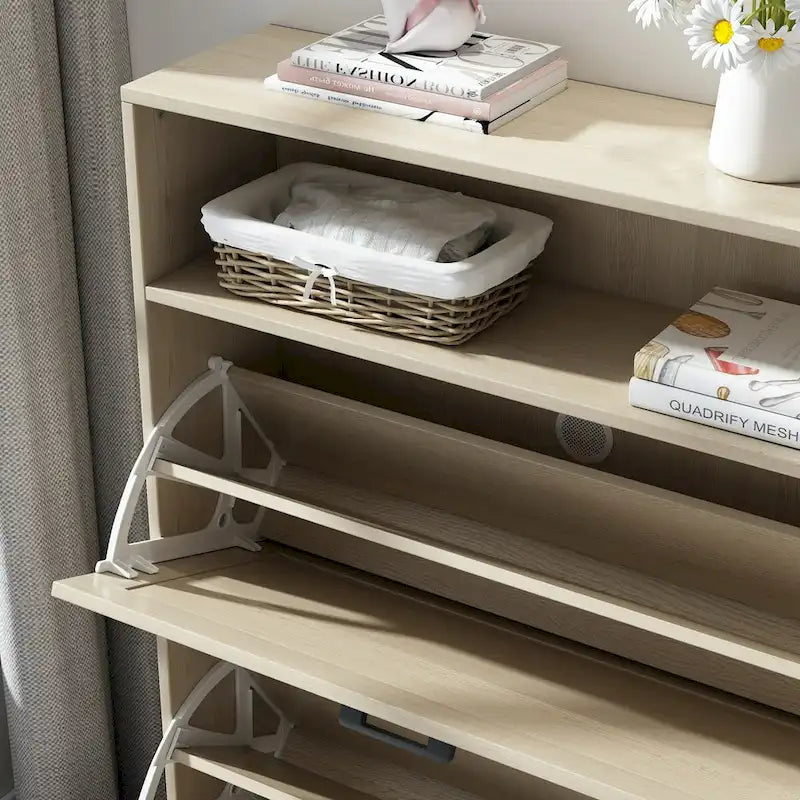 Meuble à chaussures avec porte coulissante type "grange", organisateur de chaussures avec 2 tiroirs basculants, meuble à chaussures autoportant avec rangement ouvert